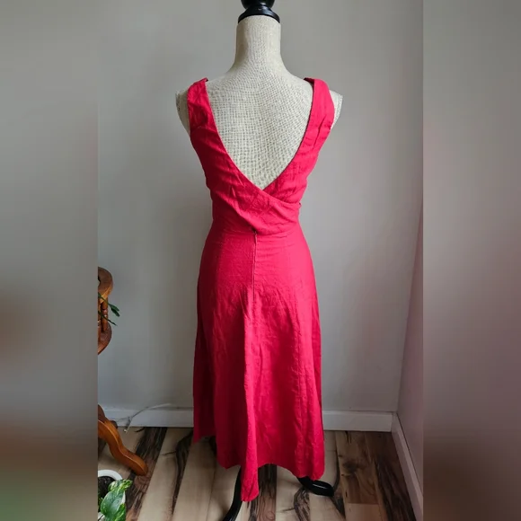 Mango Red V-Neck Midi Dress with Waist Tie - Picture 4 of 7